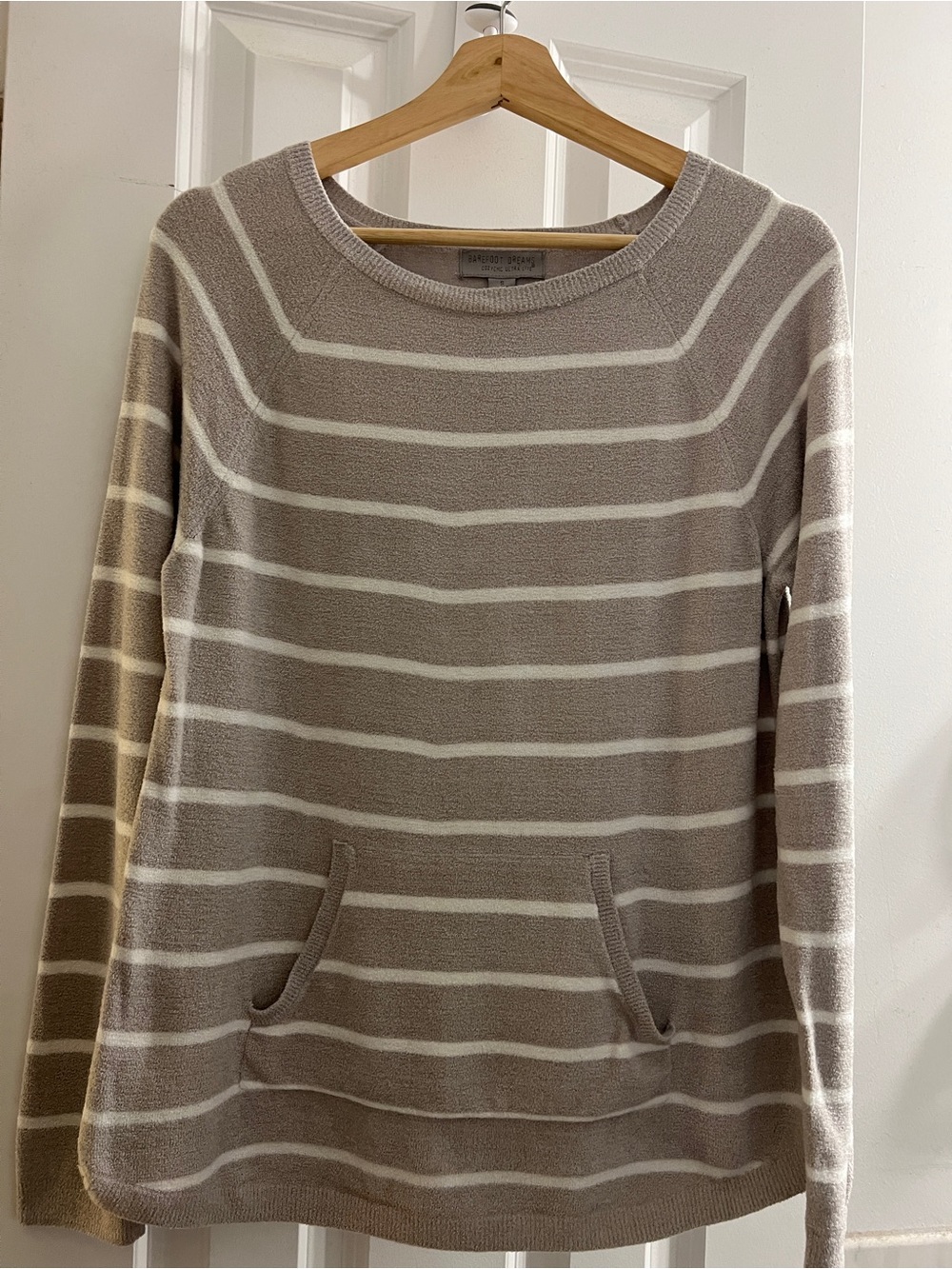 Barefoot Dreams Taupe and White Striped Luxurious Butter soft top - Small